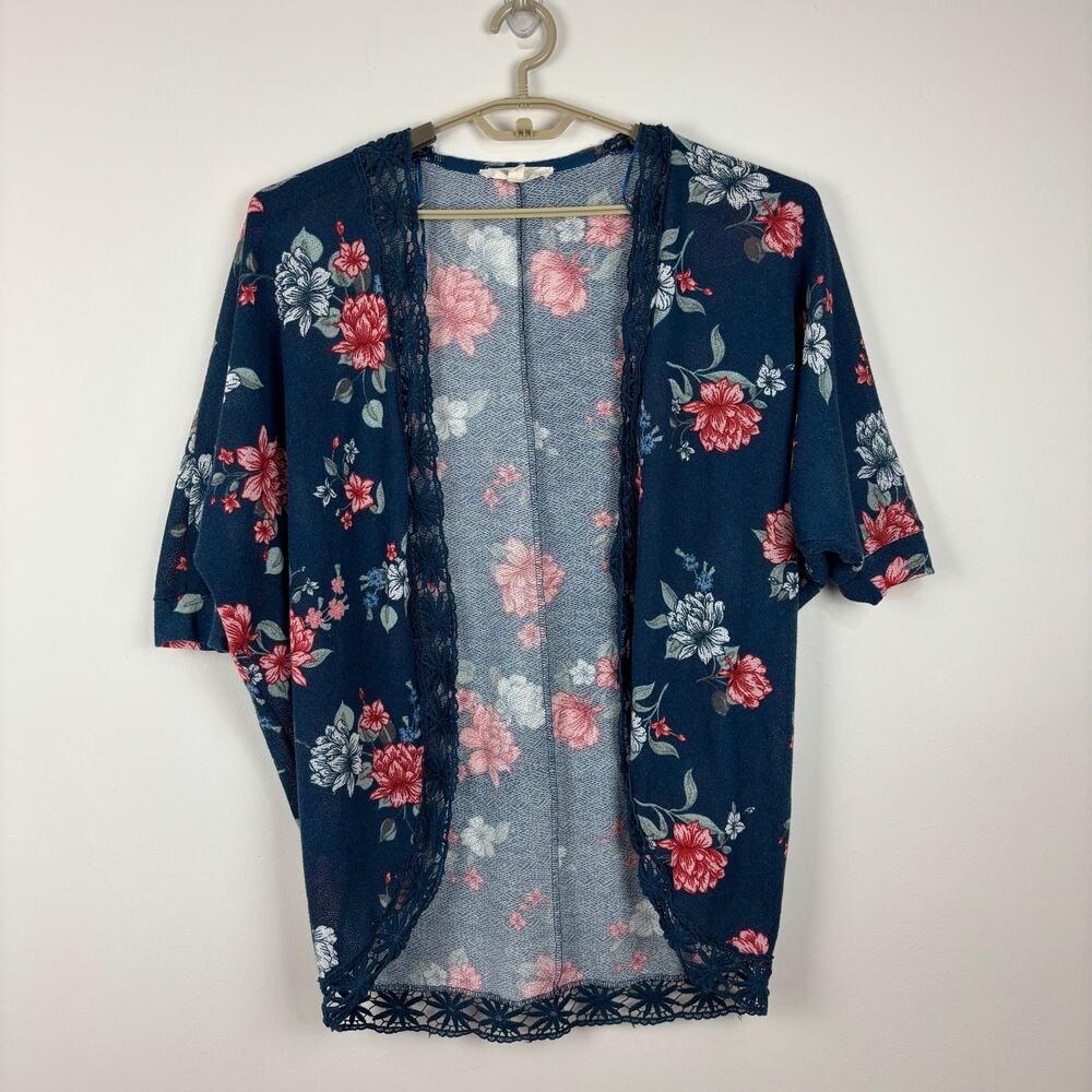 Blue Pink Floral Cocoon Kimono Medium Layer Boho Pinque